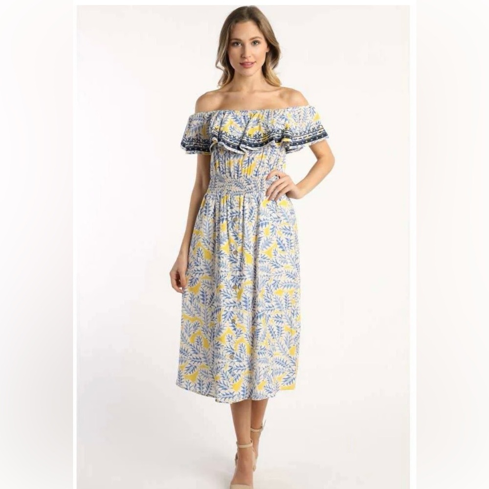 Skies Are Blue Floral Print Off-The-Shoulder Dress Yellow & Blue medium Dress